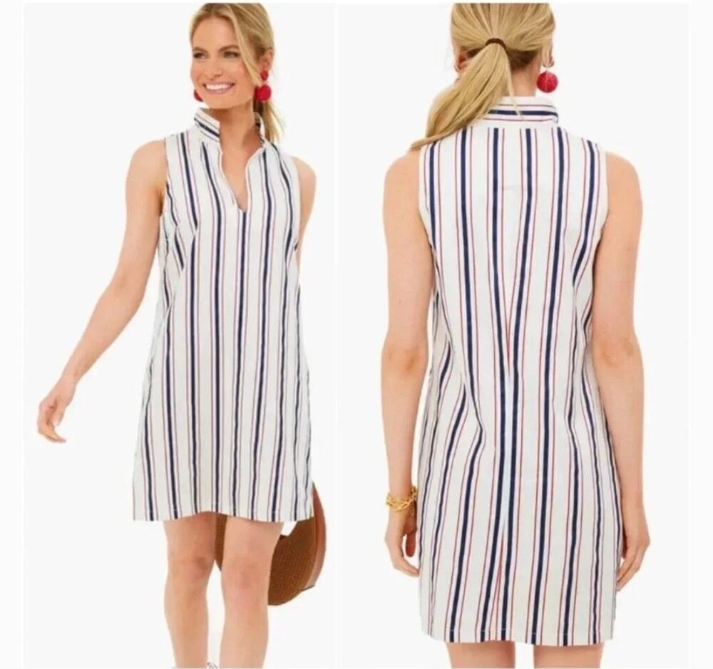 Tuckernuck Clifton White Sleeveless Shift Dress with Navy & Red Stripes Size M